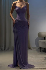 Romantic Lilac V-Neck Strapless Sleeveless Prom Dress Mermaid High Split With Lace-Up Back