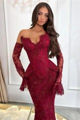Romantic Burgundy Strapless V-Neck Lace Prom Dresses Mermaid Sheath With Gloves