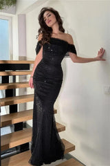 Timeless Black Off-The-Shoulder Sequins Prom Dress Mermaid Column With Zipper