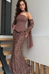 Glamorous Chocolate Strapless Sequins Mermaid Prom Dresses Sheath With Zipper Gloves