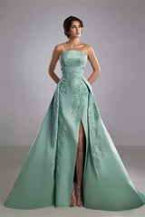 Romantic Tiffany Strapless Sleeveless A-Line Prom Dresses High Split Appliques With Zipper
