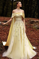 Luxury Daffodil Off-The-Shoulder A-Line Prom Dresses Beads With Ruffle Zipper