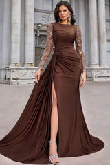 Luxury Chocolate Bateau Long Sleeves Satin Sequins Prom Dress Mermaid Side Split With Ruffle