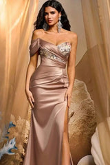 Classy Sweetheart One shoulder Satin Mermaid Prom Dress Sheath High Split With Pleats