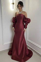 Elegant Burgundy Strapless Satin Mermaid Prom Dress Column Detachable Sleeves With Zipper