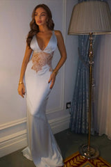 Glamorous Halter V-Neck Sleeveless Satin Mermaid Prom Dress Lace Sheath Backless On Sale