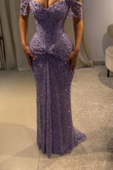 Beautiful Lilac V-Neck Off-The-Shoulder Sequins Prom Dress Mermaid Column With Beads