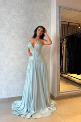 Sparkling V-Neck Strapless Sleeveless Prom Dress A-Line Gem With Pleats
