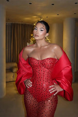 Timeless Red Sweetheart Strapless Sleeveless Prom Dress Mermaid Sheath With Gem