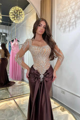 Classy Brown Square Long Sleeves Mermaid Prom Dresses Sheath Gem Long With Pleats