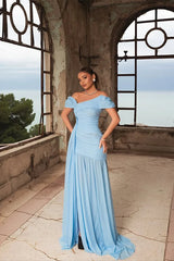 Pretty Sky Blue Off-The-Shoulder Chiffon Prom Dress A-Line High Split With Ruffle Pleats