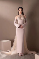 Luxury Halter Mermaid Satin Prom Dresses Detachable Sleeves With Beads Ruffle