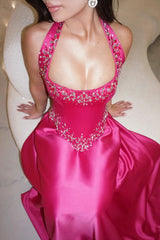 Elegant Fuchsia Halter Sleeveless Satin Prom Dress A-Line Long With Gem