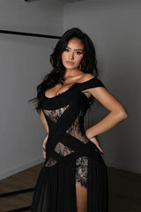 Charming Black Off-The-Shoulder Chiffon Lace Prom Dress A-Line High Split With Lace-Up Back