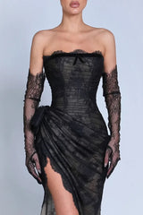 Romantic Black Strapless Mermaid Prom Dress High Split With Lace-Up Back Gloves