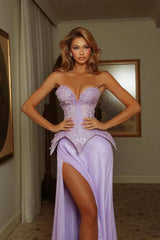 Dreamy Lilac Strapless Sleeveless V-Neck Prom Dress Two Pieces With High Split