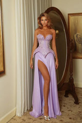 Dreamy Lilac Strapless Sleeveless V-Neck Prom Dress Two Pieces With High Split