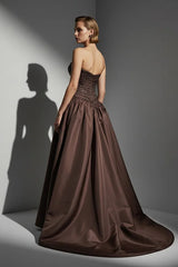 Luxury Brown Strapless Sleeveless Satin Prom Dress A-Line Beads With Zipper Pleats