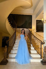 Dreamy Blue Strapless Sleeveless Tulle Prom Dress A-Line Long With Beads Pleats