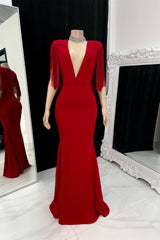 Timeless Red V-Neck Short Sleeves Satin Prom Dresses Mermaid Tassel With Zipper