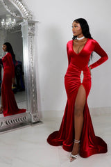 Beautiful Red V-Neck Long Sleeves Mermaid Prom Dresses Column With High Split Pleats