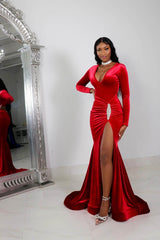 Beautiful Red V-Neck Long Sleeves Mermaid Prom Dresses Column With High Split Pleats