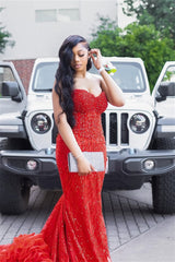 Charming Red Sweetheart Strapless Sleeveless Prom Dresses Mermaid Column With Beading