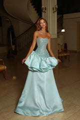 Dazzling Strapless Sleeveless Satin Prom Dresses A-Line Long With Pleats