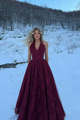 Charming Red Halter V-Neck Sleeveless Lace Prom Dresses A-Line Long With High Split