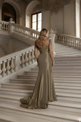 Timeless Long Sleeves Satin Mermaid Prom Dresses High Split Pleats With Zipper