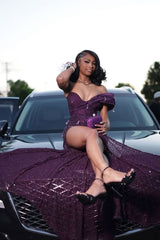 Romantic Grape V-Neck One Shoulder Mermaid Prom Dresses Gem With High Split