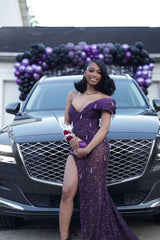 Romantic Grape V-Neck One Shoulder Mermaid Prom Dresses Gem With High Split