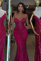 Charming Fuchsia Sweetheart Strapless Sleeveless Mermaid Prom Dresses Beads With Lace-Up Back