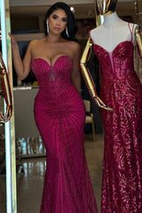Charming Fuchsia Sweetheart Strapless Sleeveless Mermaid Prom Dresses Beads With Lace-Up Back