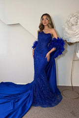 Vintage Royal Blue Strapless Sleeveless Mermaid Prom Dresses Beads With Detachable Train