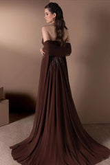Vintage Dark Brown Strapless Sleeveless Chiffon Prom Dresses A-Line Beads With Shawl