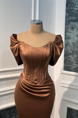 Minimalist Short Sleeves Satin Mermaid Prom Dresses Column Long With Pleats