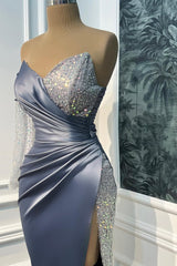 Glamorous Dusty Blue V-Neck One Shoulder Long Sleeves Satin Sequins Prom Dresses Mermaid With High Split