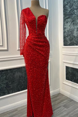 Timeless Red One Shoulder Long Sleeves Sequins Prom Dresses Mermaid Online