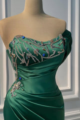 Glamorous Dark Green One Shoulder Satin Prom Dresses Mermaid Sheath With Gem