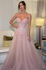Pretty V-Neck Strapless Sleeveless Tulle Prom Dresses A-Line Beads With Lace-Up Back Flower