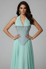 Charming Mint Halter Sleeveless Chiffon Prom Dresses A-Line Gem With Pleats