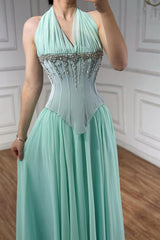 Charming Mint Halter Sleeveless Chiffon Prom Dresses A-Line Gem With Pleats
