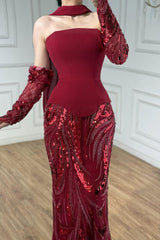 Vintage Burgundy Strapless Mermaid Prom Dresses Two-Pieces Beads With Detachable Sleeves