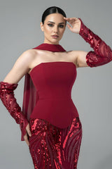 Vintage Burgundy Strapless Mermaid Prom Dresses Two-Pieces Beads With Detachable Sleeves