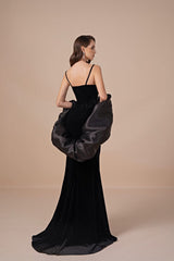 Vintage Black V-Neck Spaghetti-Straps Sleeveless Velvet Prom Dresses Mermaid With Beads Zipper