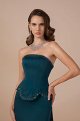 Chic Strapless Sleeveless Mermaid Satin Prom Dresses Column Lace-Up Back With Beads Ribbon