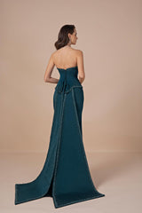 Chic Strapless Sleeveless Mermaid Satin Prom Dresses Column Lace-Up Back With Beads Ribbon