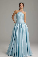 Pretty Sky Blue Strapless Sleeveless Satin Prom Dresses A-Line Beads With Pleats Zipper
