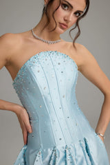 Pretty Sky Blue Strapless Sleeveless Satin Prom Dresses A-Line Beads With Pleats Zipper
